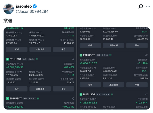 狂賺 4.6 億台幣！巨鯨「先定 10 個大目標」發文：撤退，BTC、ETH、BNB 多單全數止盈