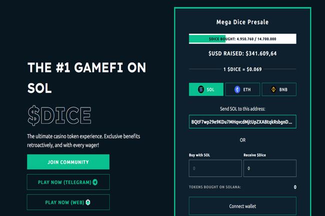 Debutta il nuovo token GambleFi Mega Dice di Solana e raccoglie oltre $300.000 in prevendita