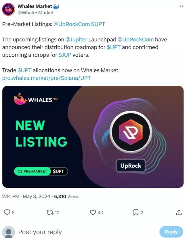 Whales Market 的 Pre-Market 宣布上线 UpRock（UPT）