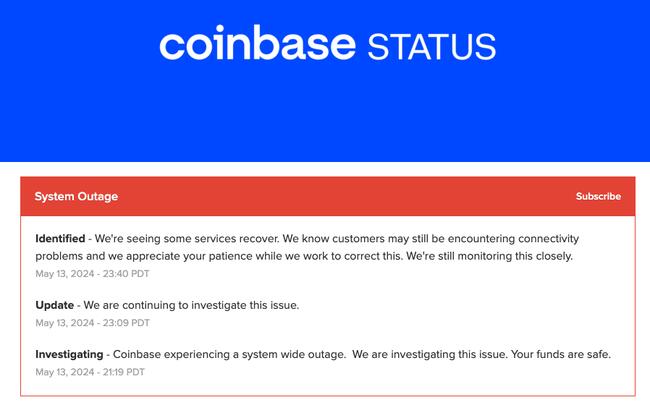 Coinbase 發生全面系統故障，保證用戶資金安全無虞