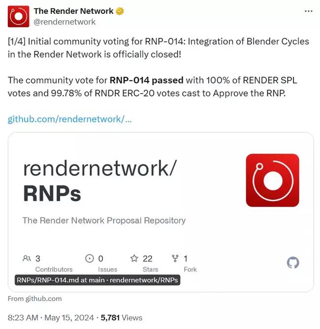 Render 初始社区投票通过集成 3D 计算机图形软件工具集 Blender 的提案