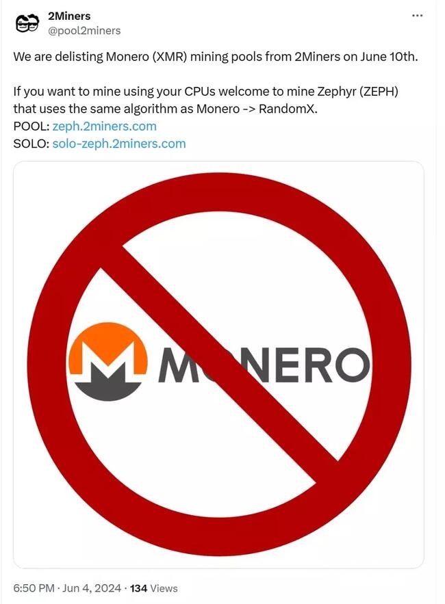 2Miners 将于 6 月 10 日下线 Monero（XMR）矿池