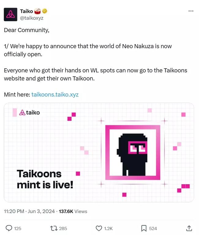 Taiko 宣布创世 NFT 系列 Taikoons mint 已上线