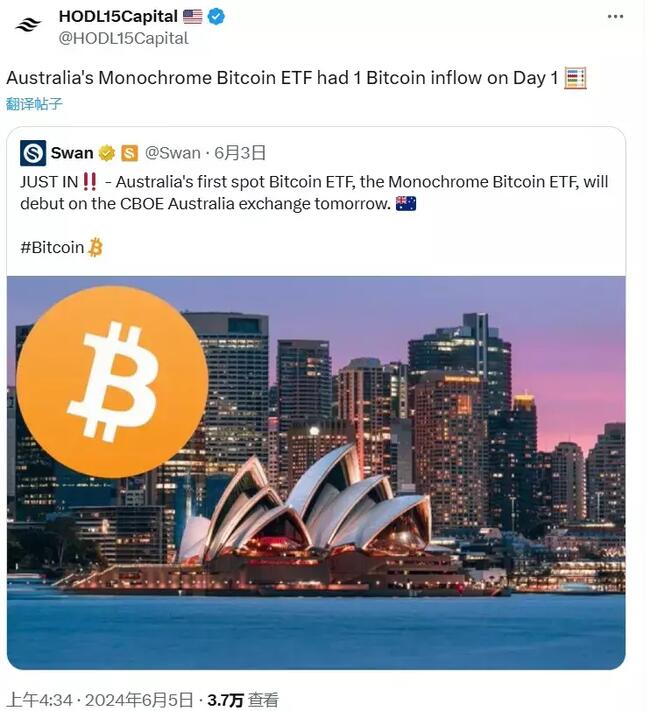 澳大利亚 Monochrome 现货比特币 ETF 第一天流入 1 枚比特币