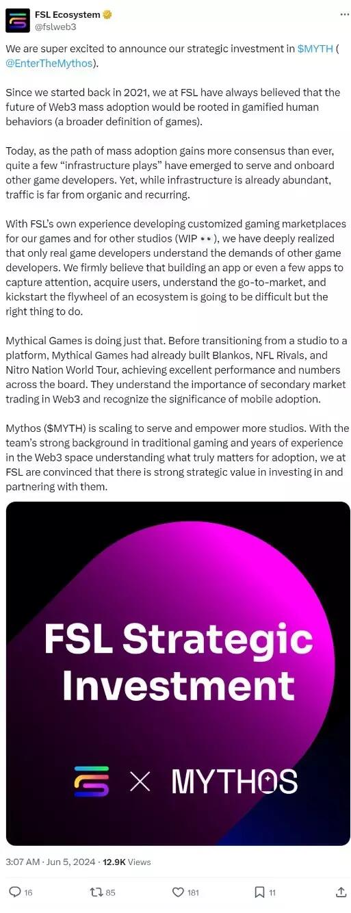 STEPN 开发商 FSL 宣布战略投资 Mythos（MYTH）