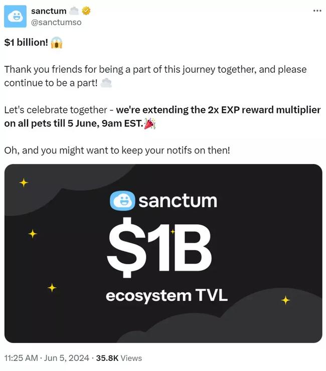 数据：Sanctum 生态 TVL 突破 10 亿美元