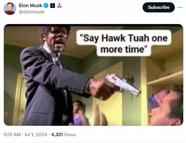 马斯克在与 Meme 币“Hawk Tuah”有关的推文下回复表情包