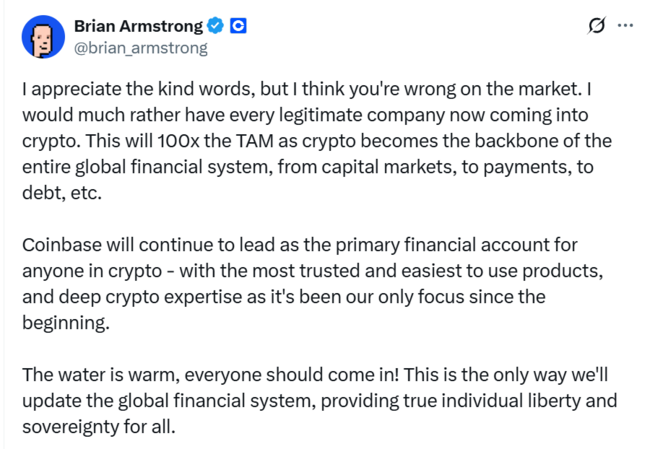 “The water is warm, everyone should come in,” Says Brian Armstrong As Coinbase Prepares To Launch Bitcoin Yield Fund