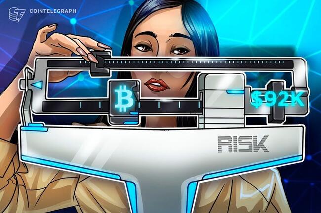 比特币（BTC）价格未能追平黄金4%的涨幅，面临跌破9.2万美元的风险