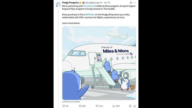 Pudgy Penguins 宣布代幣可累積航空里程點數、分析師認為 PENGU 價格處於支撐區間