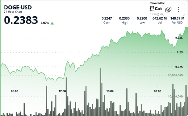 DOGE aumenta del 5,6% grazie a un'accumulazione da 200 milioni di dollari da parte di una balena nonostante la vendita a fine seduta