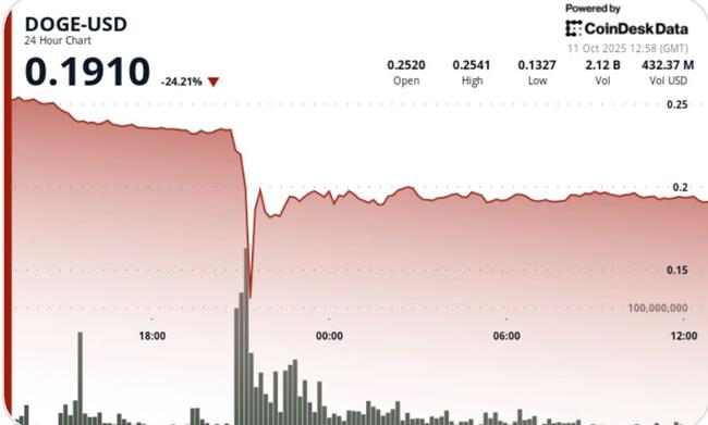 DOGE subit un flash crash de 50 % avant de se stabiliser près de 0,19 $
