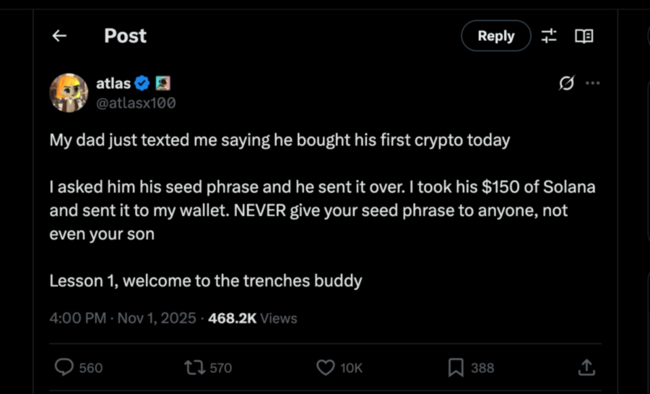 我爸剛買人生第一筆加密貨幣，我要到助記詞後掏空了他錢包：歡迎來到加密世界～