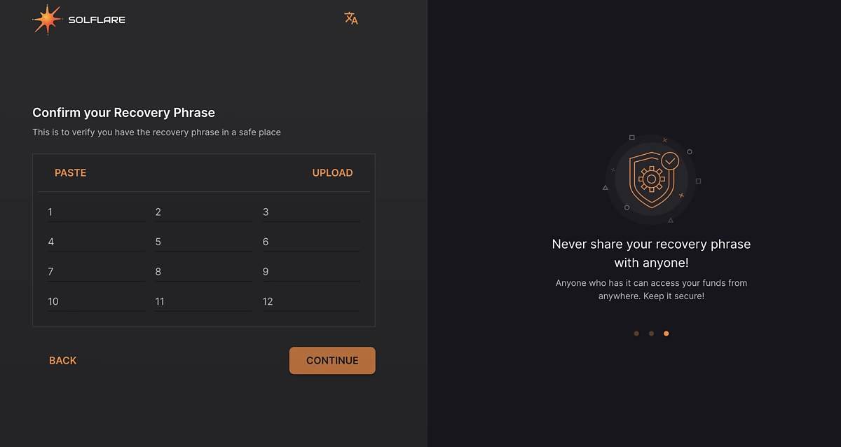 Confirm Solflare recovery phrase