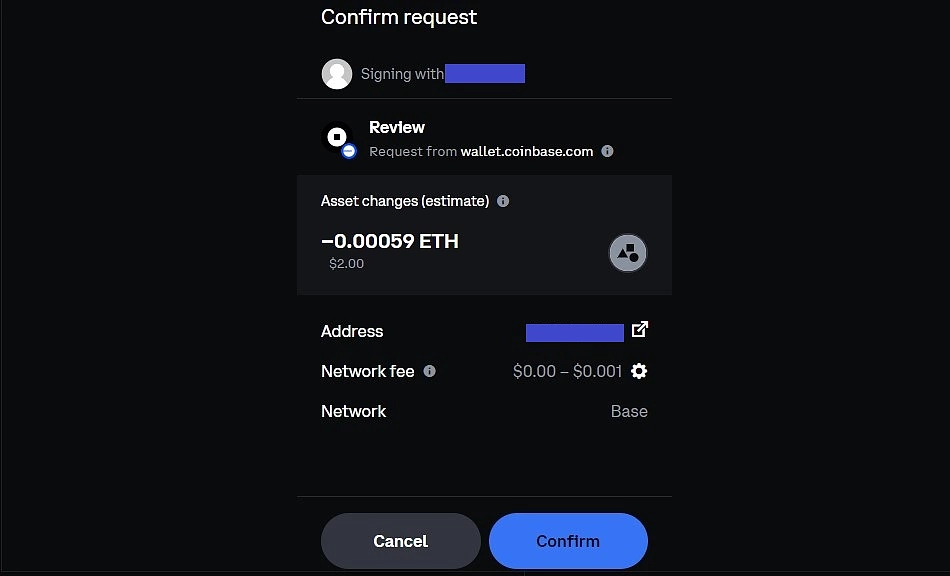 Confirm send request on Coinbase's smart wallet