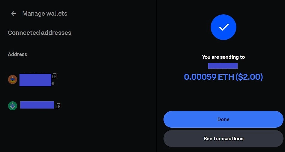 Asset transferred to Coinbase's smart wallet