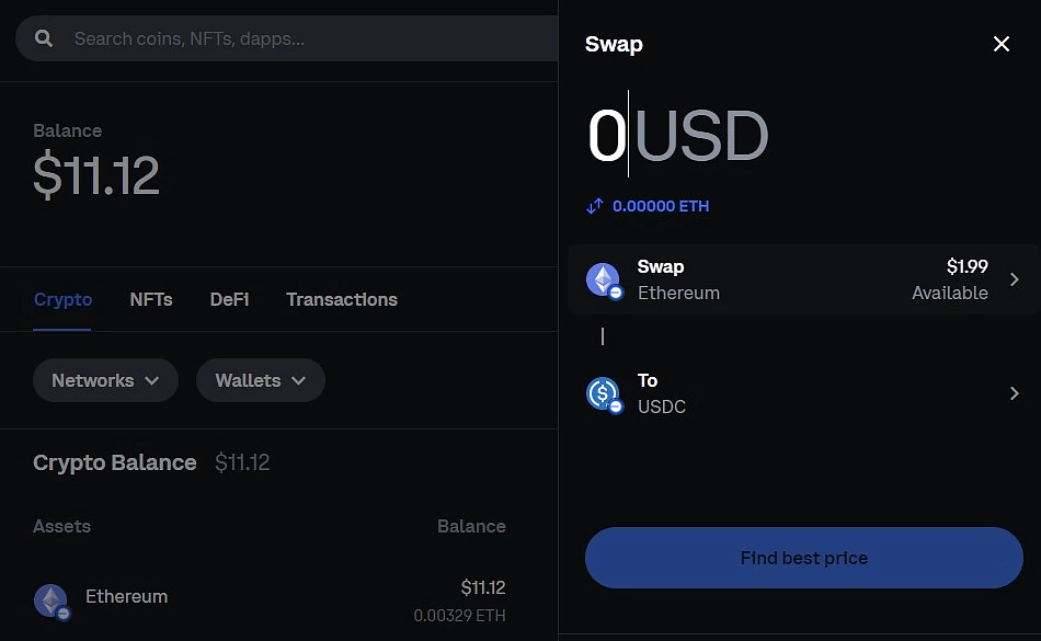 Enter swap details on Coinbase's smart wallet