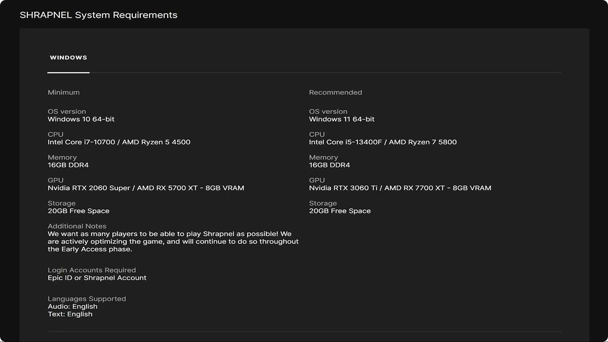 SHRAPNEL System Requirements