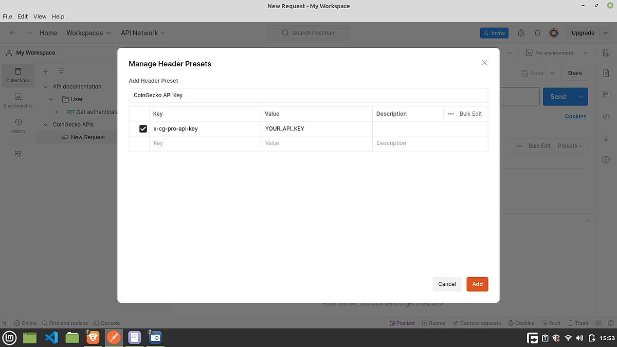 Enter the CoinGecko API key generated