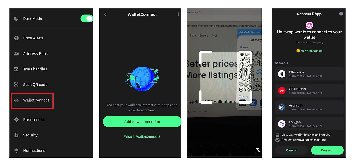 Connect to dApps with Wallet Connect on with desktop and mobile