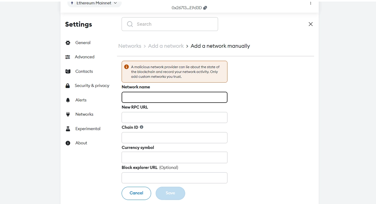 Add a network to MetaMask manually