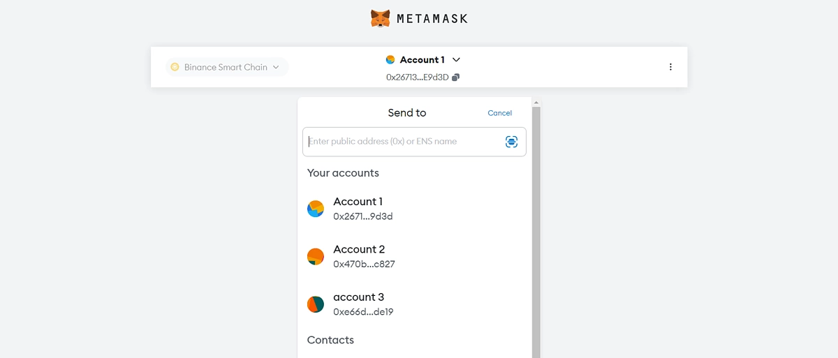 Enter recipient address to send tokens on MetaMask