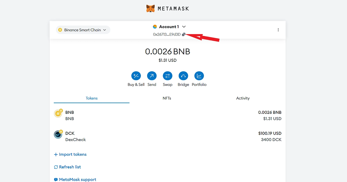 Copy wallet address to receive tokens on MetaMask