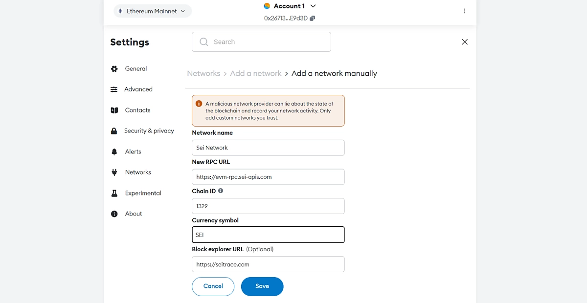 Input Sei Network details on MetaMask