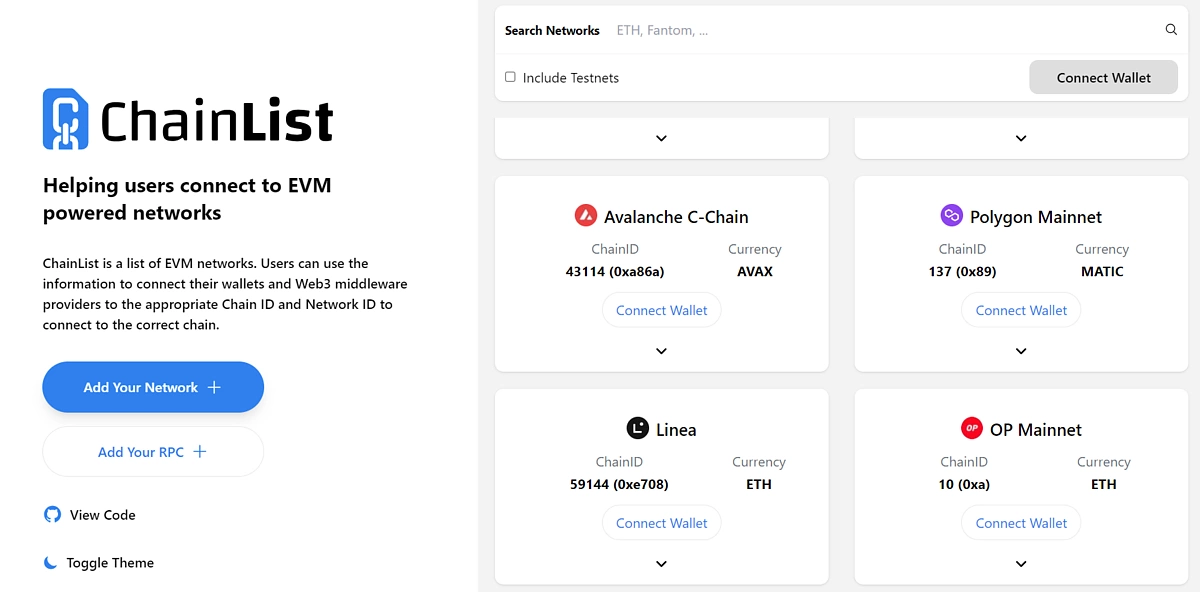 Connect MetaMask to ChainList