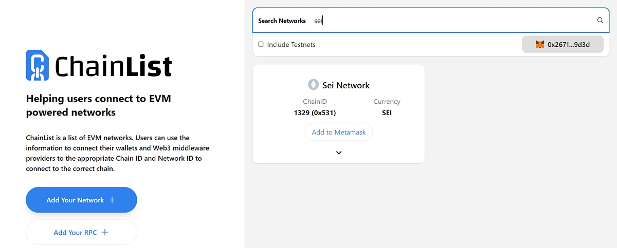 Search for 'sei' on ChainList