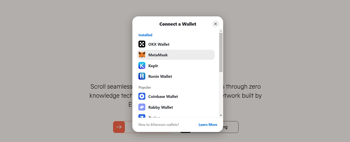 Select wallet to connect to Scroll