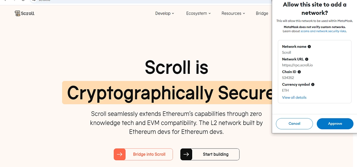 Allow Scroll to add network to MetaMask