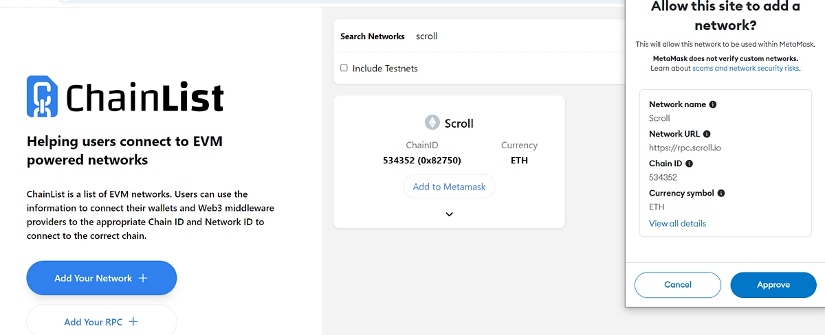 Approve to add Scroll to MetaMask 