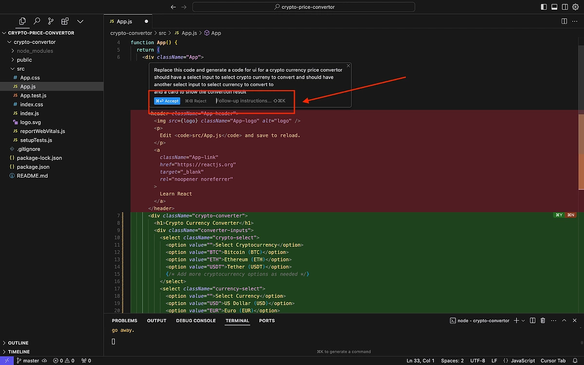 Cursor AI will generate code based on your instructions