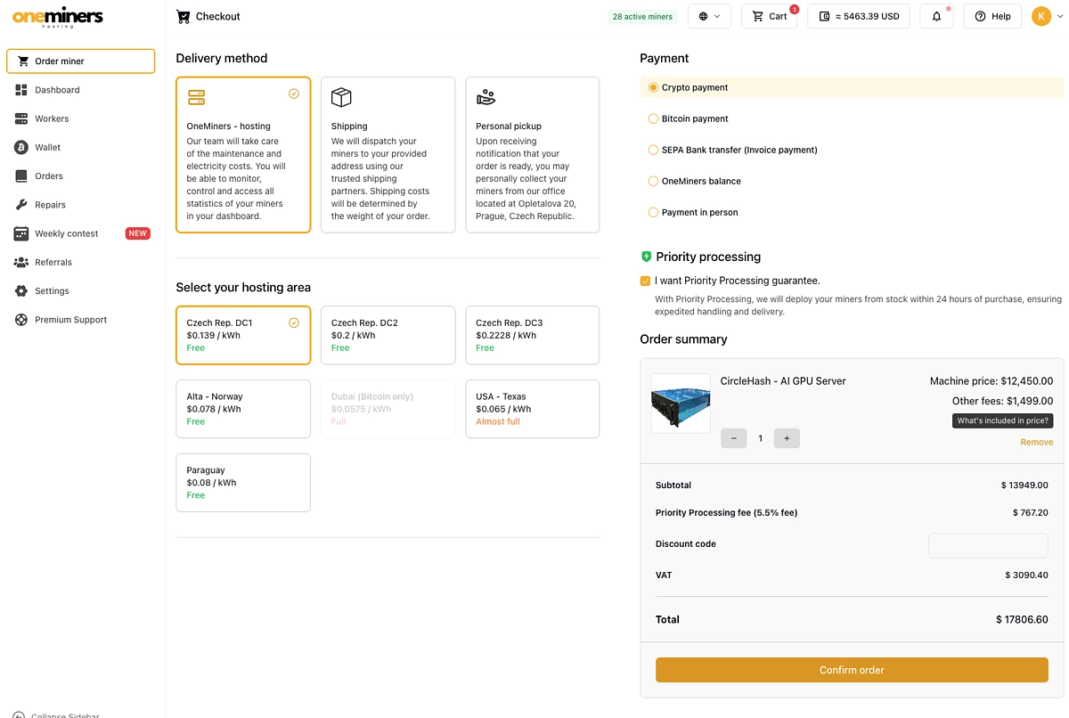 Order a miner on OneMiners