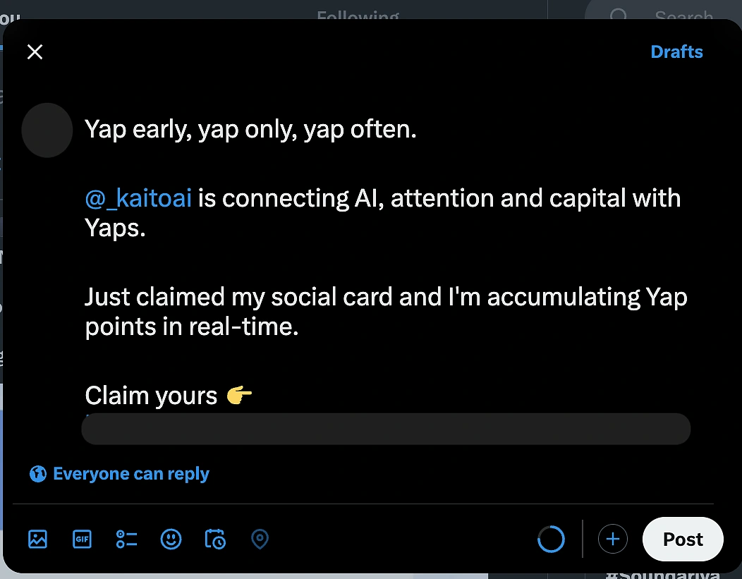 Share pre-written post about Kaito to get started earning Yap points
