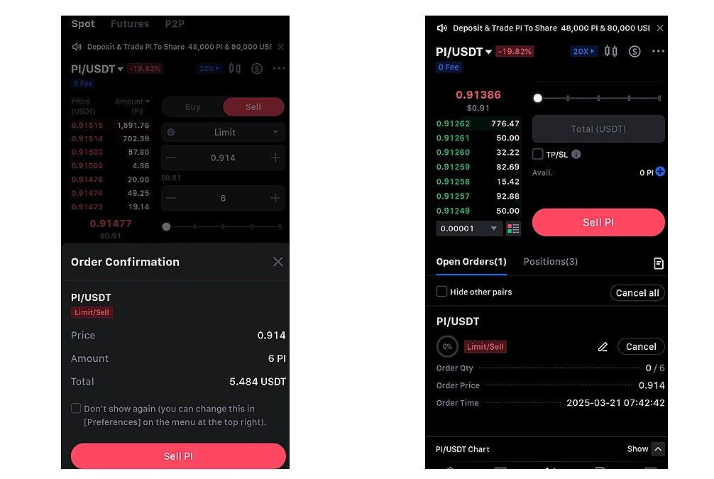 Sell PI for USDT