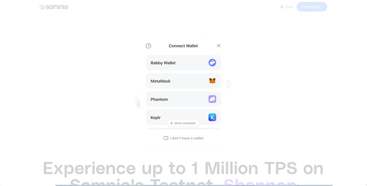 Choose wallet to connect to Somnia