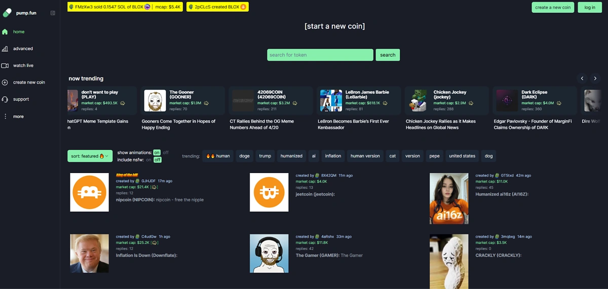 pump fun front page