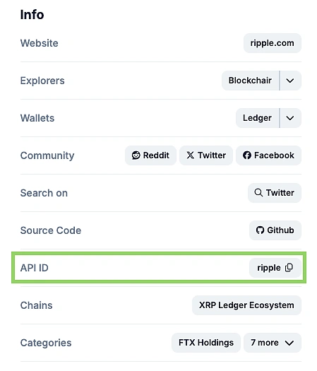 Ripple XRP API ID coin id on CoinGecko