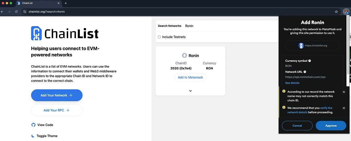 Add Ronin to MetaMask with ChainList