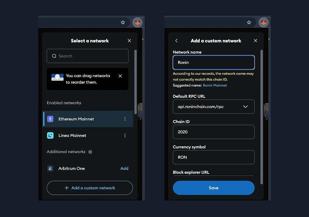 Add Ronin to MetaMask Manually