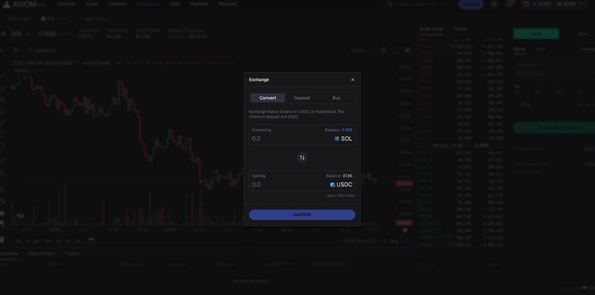 Enter amount to swap and Convert on Axiom
