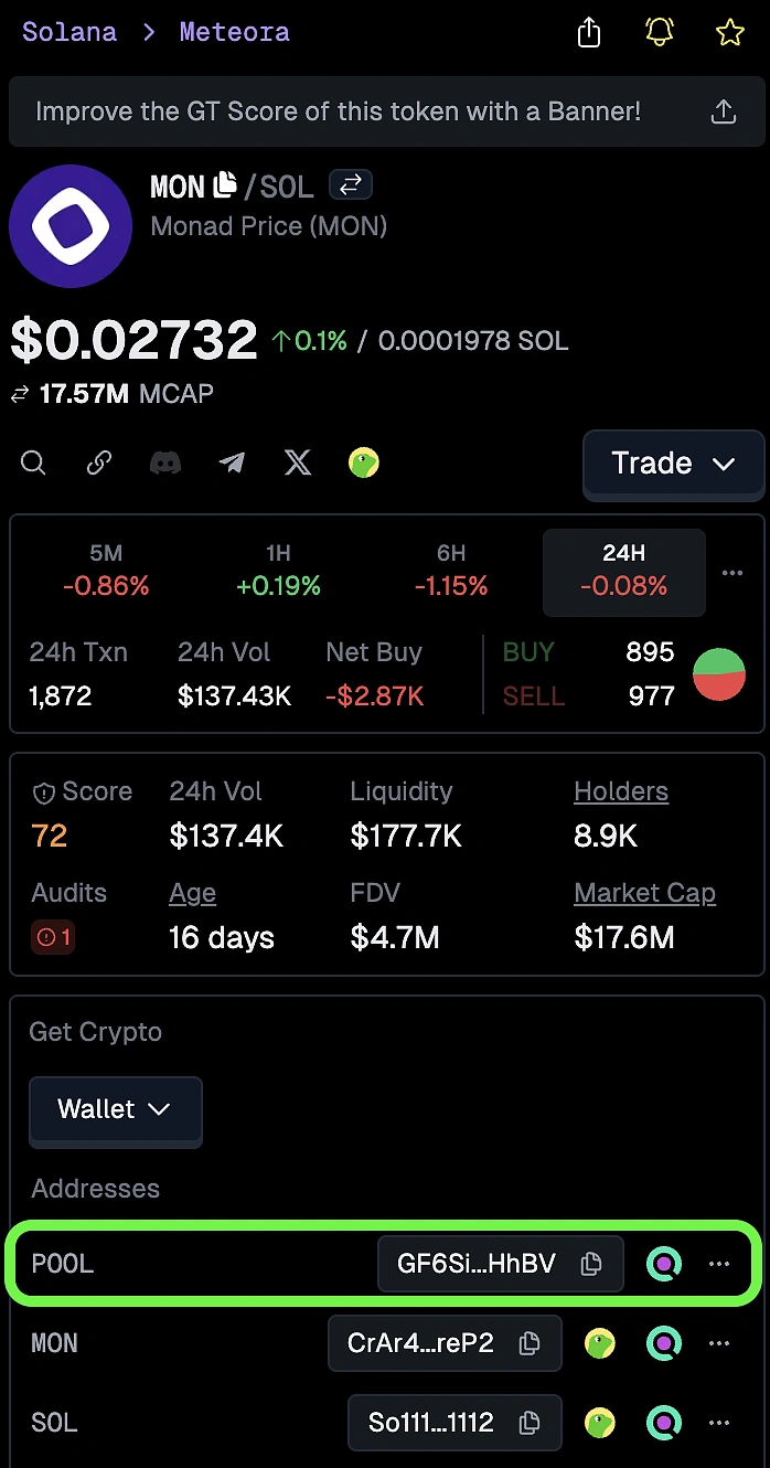 Where to find the pool address of a token liquidity pool in GeckoTerminal for CoinGecko API