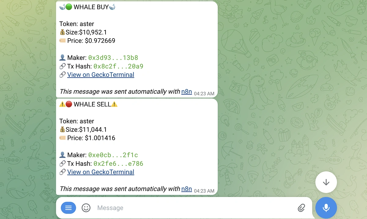 CoinGecko API crypto whale alert bot example telegram alert message