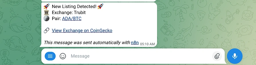 Crypto Exchange Coin Listing Alert Telegram Notification Message Example Powered by CoinGecko API and n8n workflow