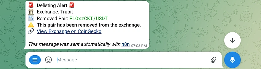 Crypto Exchange Coin Delisting Alert Telegram Notification Message Example Powered by CoinGecko API and n8n workflow