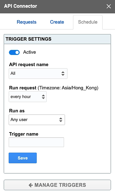 API Connector Google Sheets Add-on Trigger Refresh Settings | CoinGecko API