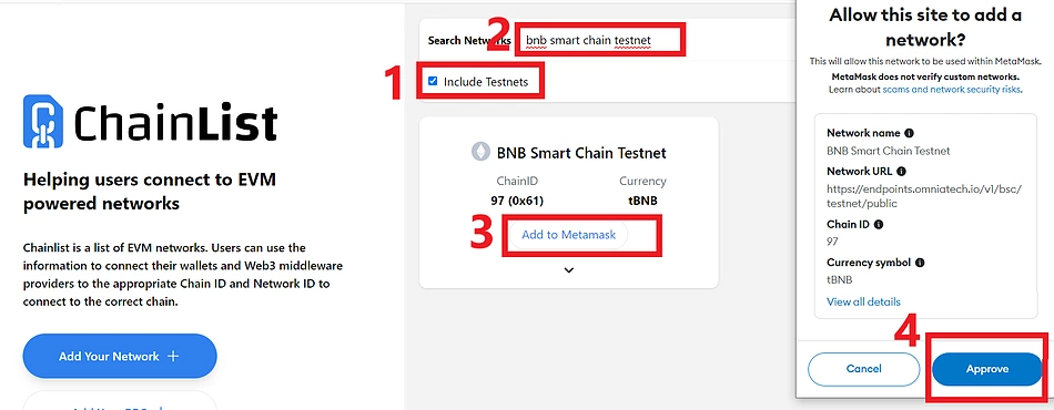 Add BSC testnet via Chainlist