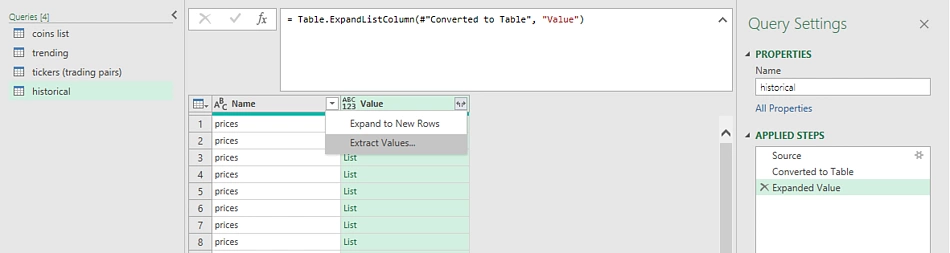 extract values in Microsoft power query editor